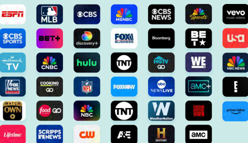 Grid of streaming network app logos including ESPN, Hulu, CBS, NBC, AMC, Prime Video, and many more
